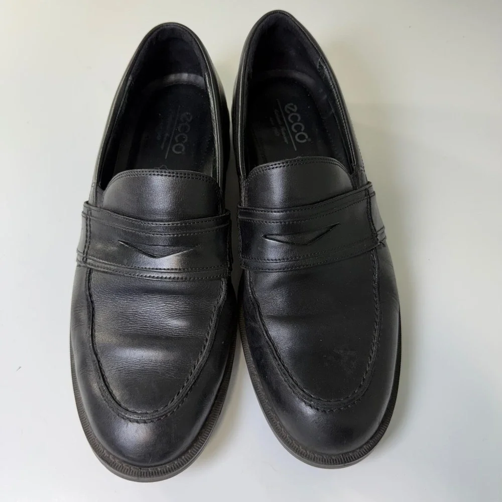 ECCO Mens Black Leather Penny Loafers Shock‎ Point Slip On Dress Shoes Size 42